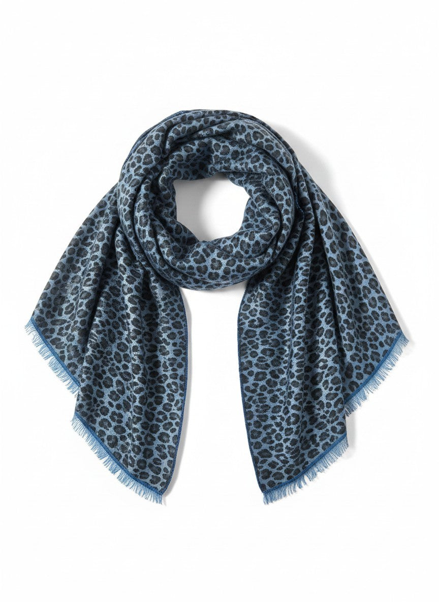 CRUMPET soft blue 100% cashmere square scarf with black leopard print and frayed edges.