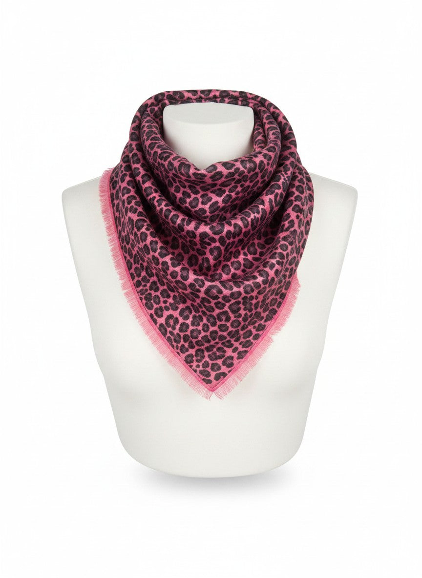 CRUMPET 100% Cashmere soft pink leopard print square scarf with fringed edges.