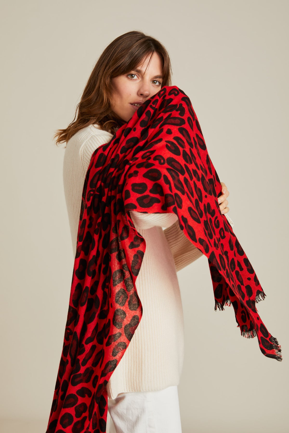 100% Cashmere Red Monster Leopard Wrap