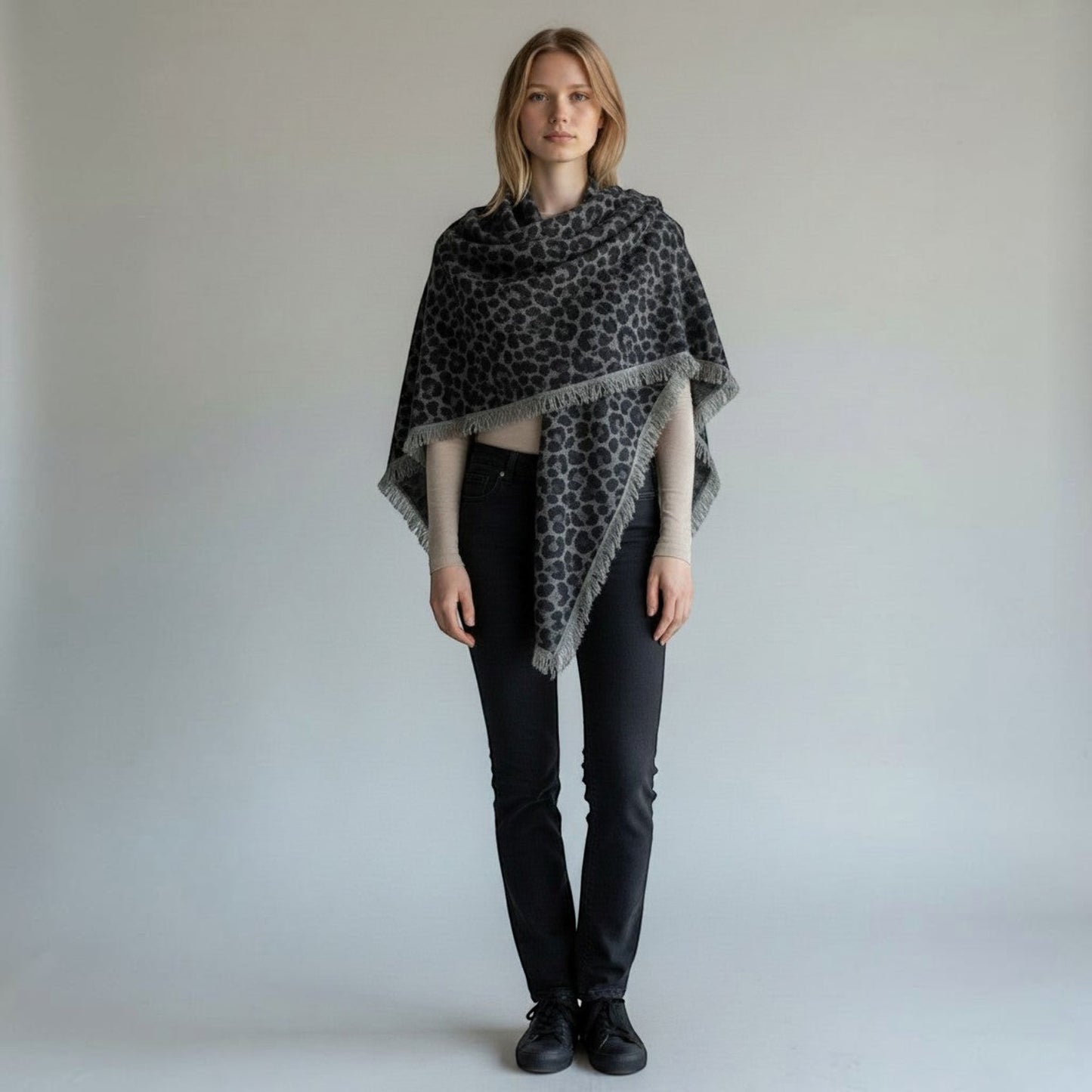 100% Cashmere Soft Charcoal Leopard Square Scarf