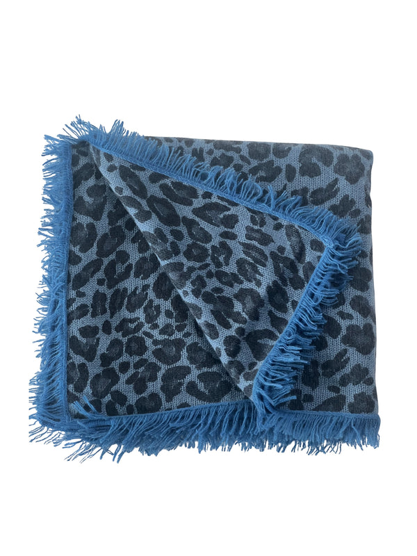 100% Cashmere Soft Blue Leopard Square Scarf