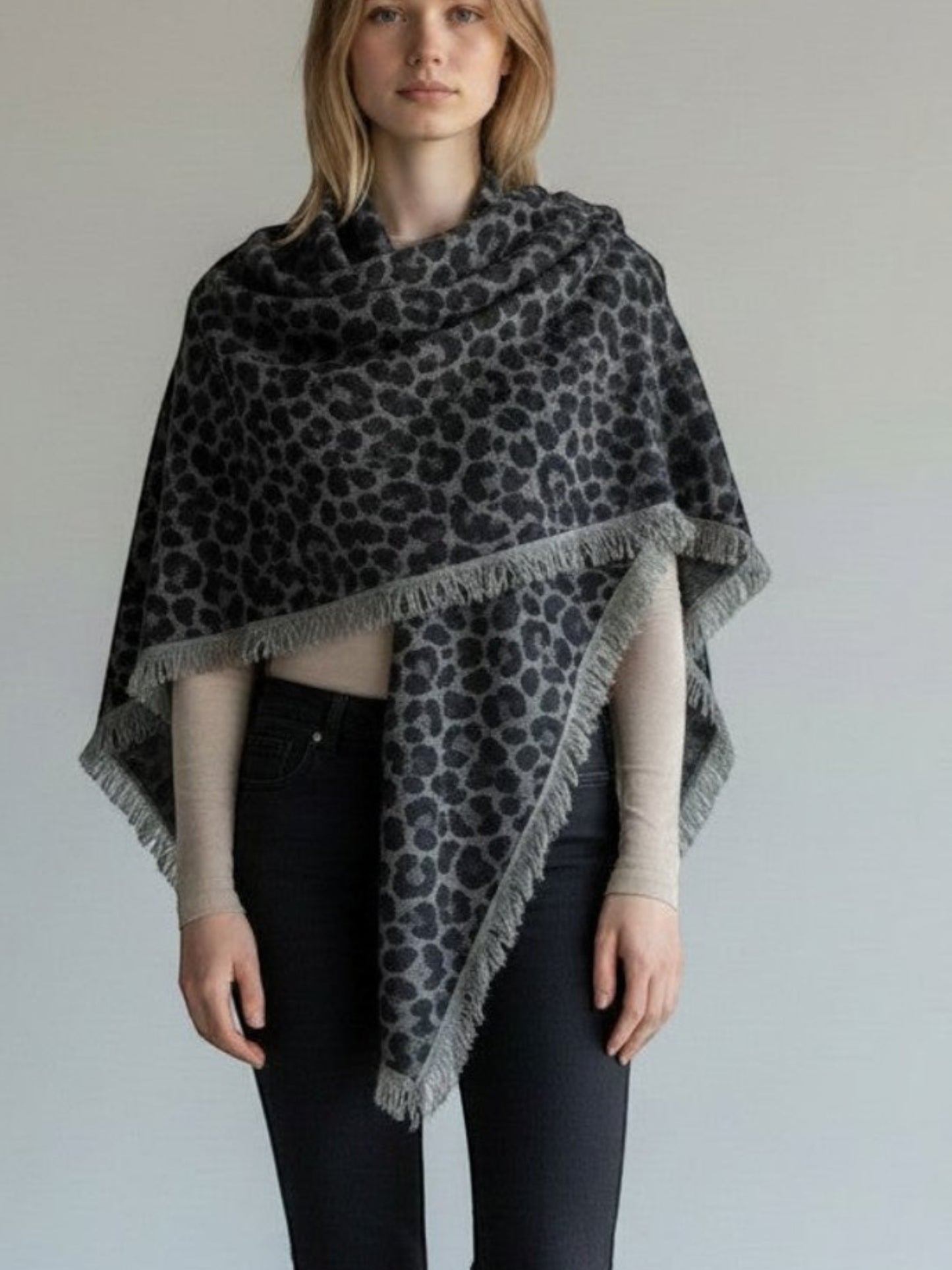 100% Cashmere Soft Charcoal Leopard Square Scarf