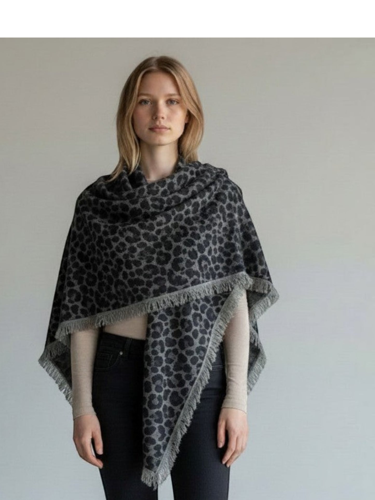 100% Cashmere Soft Charcoal Leopard Square Scarf