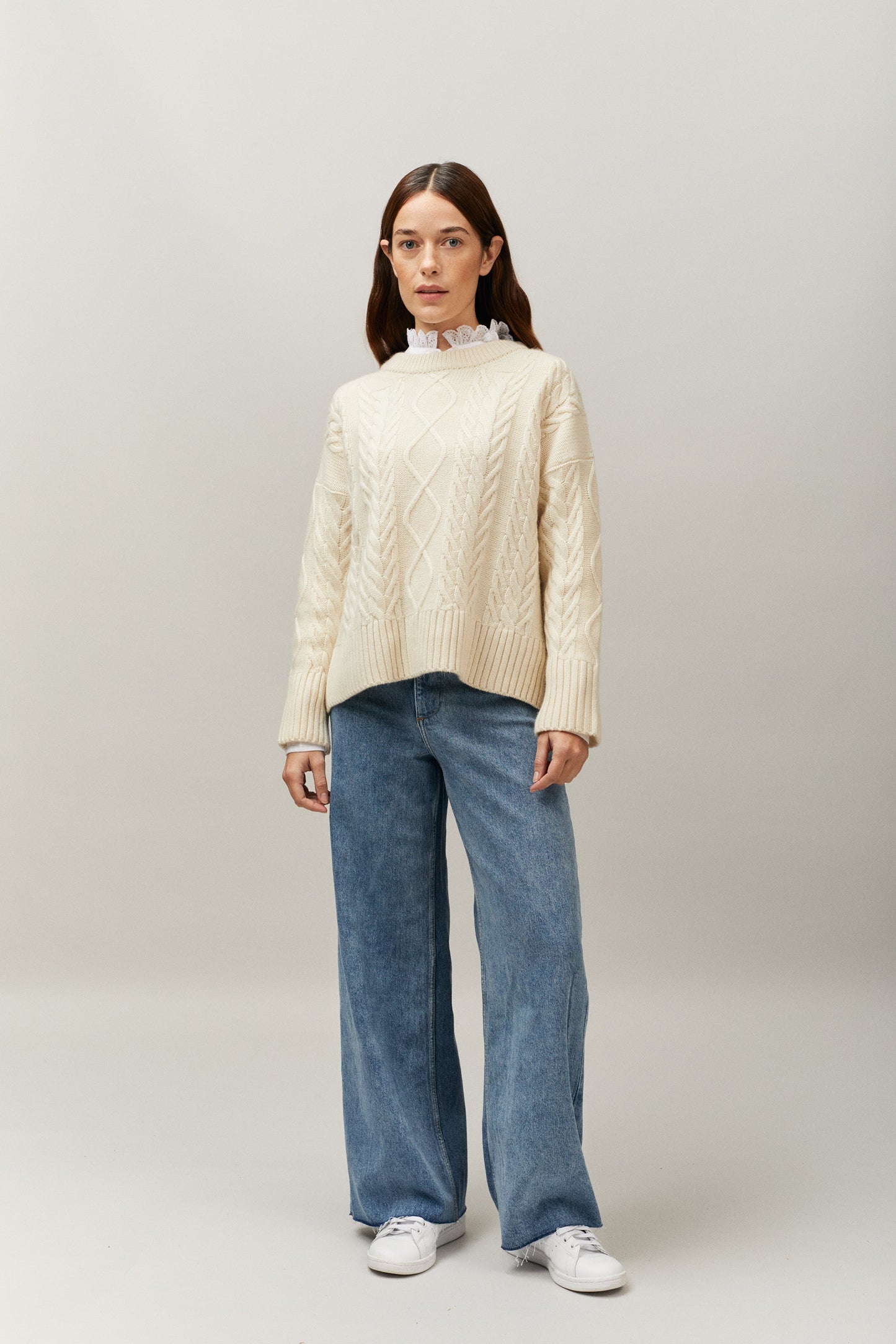 100% Cashmere Cable Sweater Cream- Small