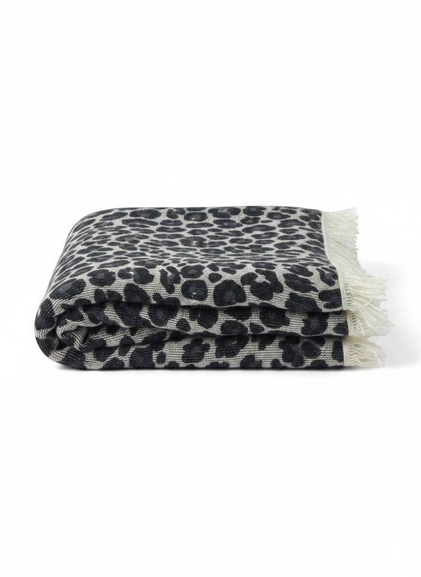 CRUMPET 100% cashmere square scarf with an ice leopard print and fringed edges. Grey and black.