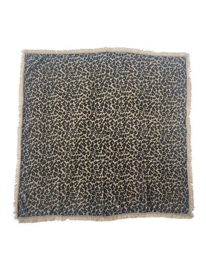 CRUMPET natural leopard print 100% cashmere square scarf with fringed edges.