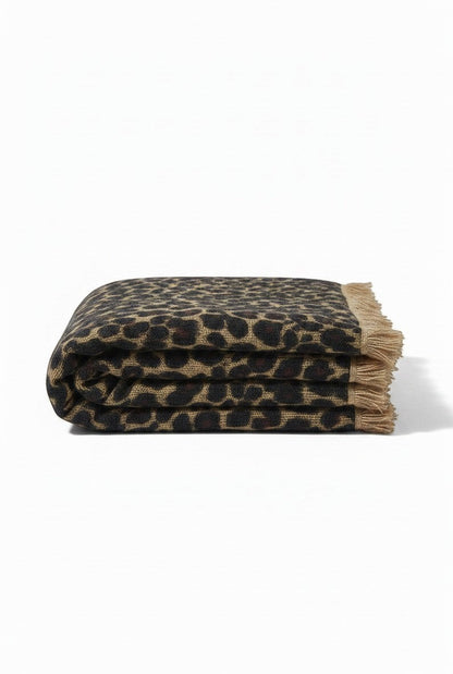 CRUMPET 100% Cashmere Natural Leopard Square Scarf with fringed edges.