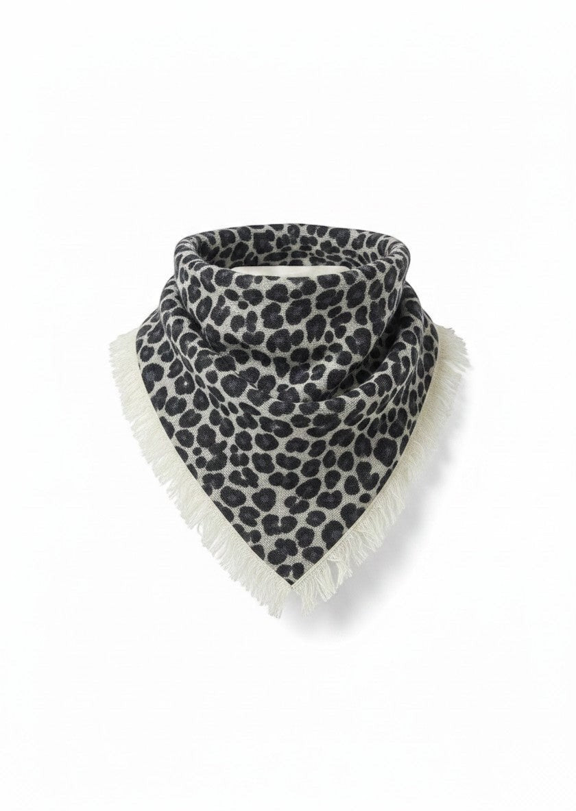CRUMPET 100% cashmere square scarf with an ice leopard print in black and grey, featuring fringed edges.