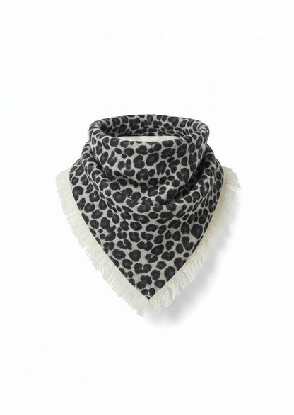 CRUMPET 100% cashmere square scarf with an ice leopard print in black and grey, featuring fringed edges.