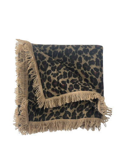 CRUMPET 100% cashmere square scarf with a natural leopard print and fringed edges.