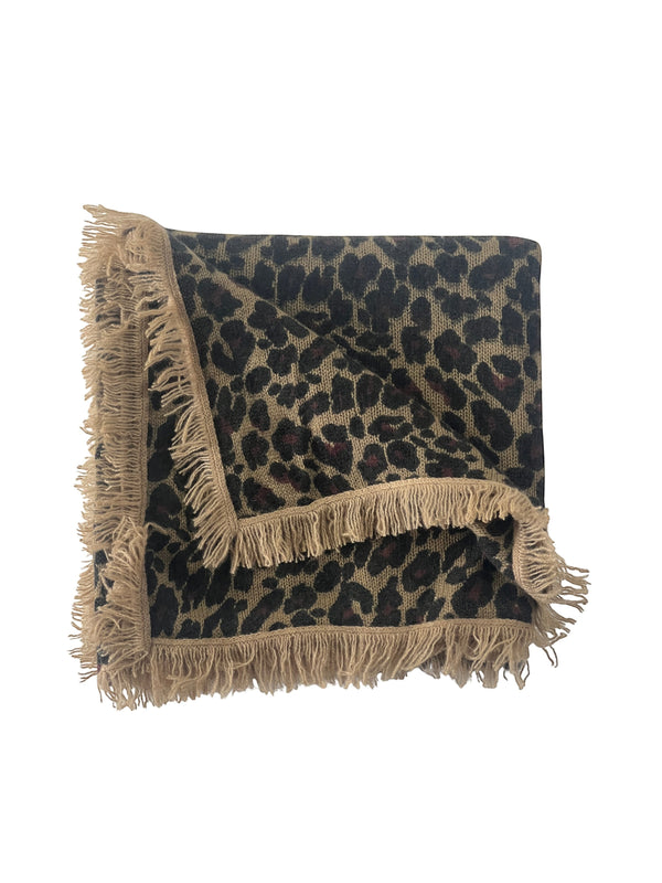 CRUMPET 100% cashmere square scarf with a natural leopard print and fringed edges.