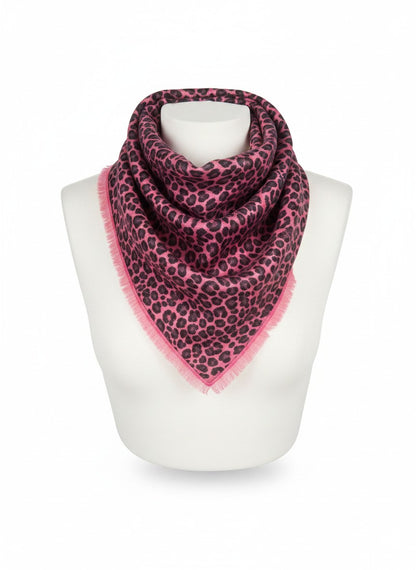 CRUMPET 100% Cashmere soft pink leopard print square scarf with fringed edges.