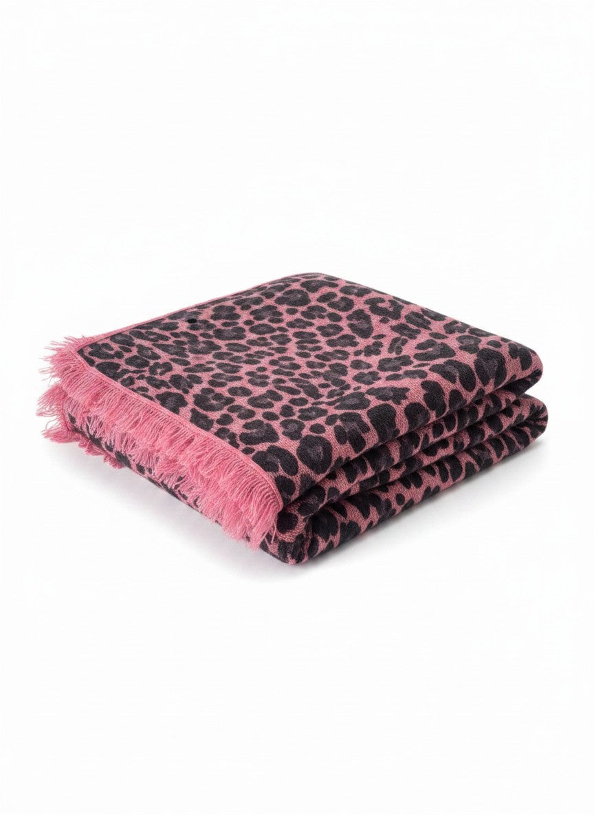 CRUMPET 100% Cashmere soft pink leopard print square scarf with frayed edges.