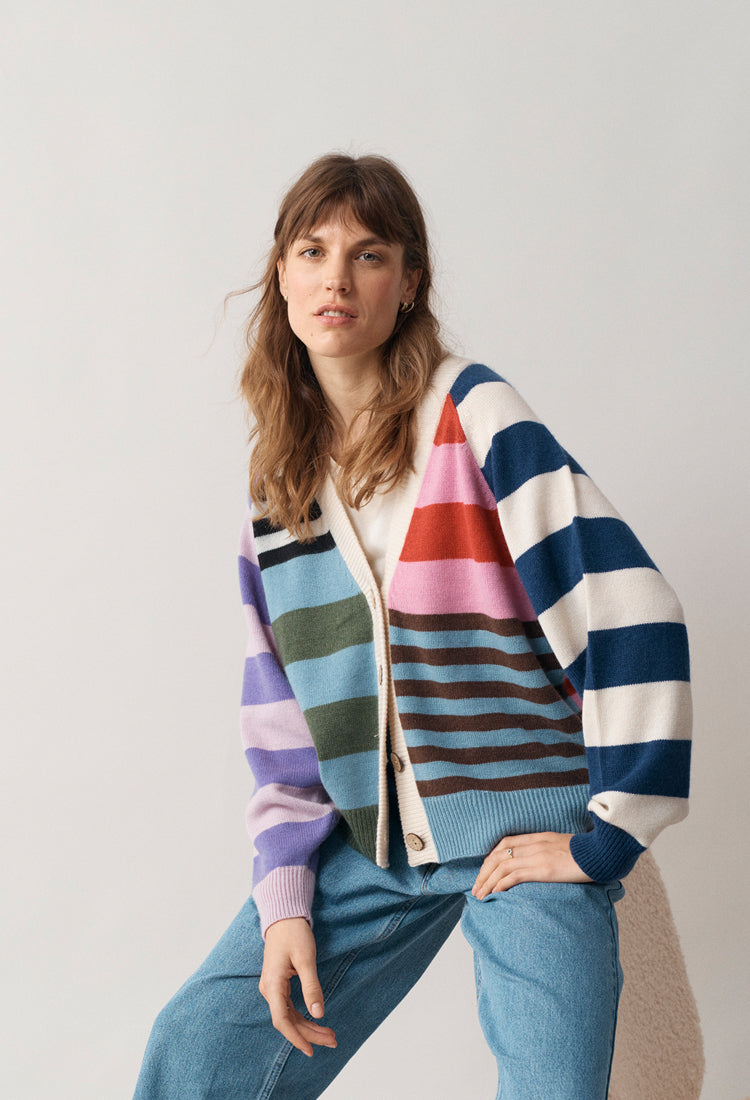 Stripe V Neck Cardigan - MEDIUM
