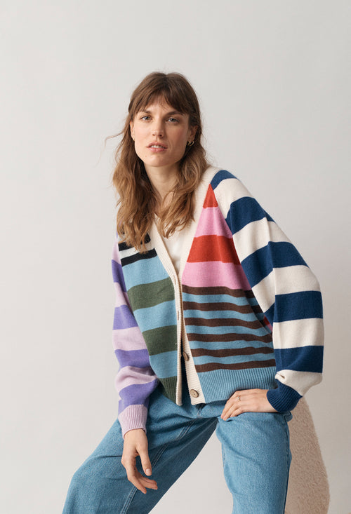 Stripe V Neck Cardigan - MEDIUM