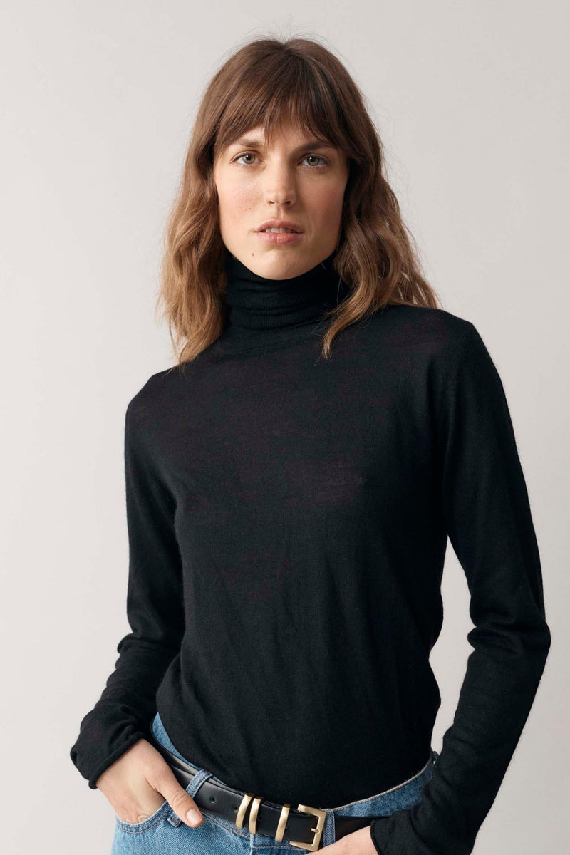 Rocky Pure Cashmere Roll Neck in Black 100 Percent Cashmere AW22_KPA garment Crumpet Cashmere Womens Sheer Roll Neck Black Sweater Knitwear Jumper