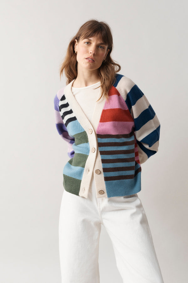 Woman modelling our multi-coloured cashmere v neck cardigan